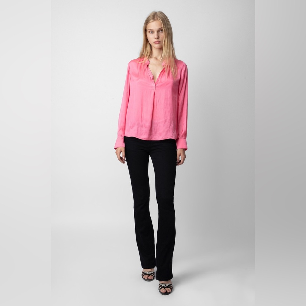 NWT ZADIG & VOLTAIRE Tink Satin V-neck Long-sleeve Blouse In Flamant